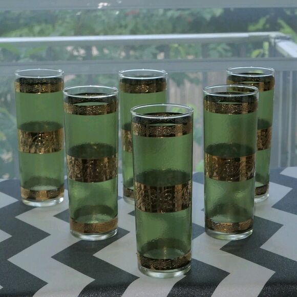 6 VTG 50s 60s MCM Culver Starlyte Glasses Green 22K Gold Filigree Tumblers VGUC - Picture 8 of 8